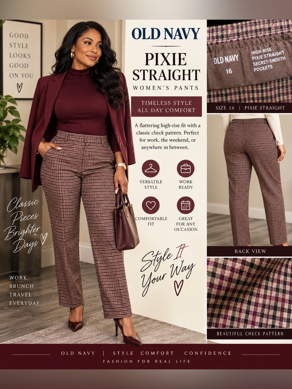 Old Navy Burgundy Check Pixie Straight Pants